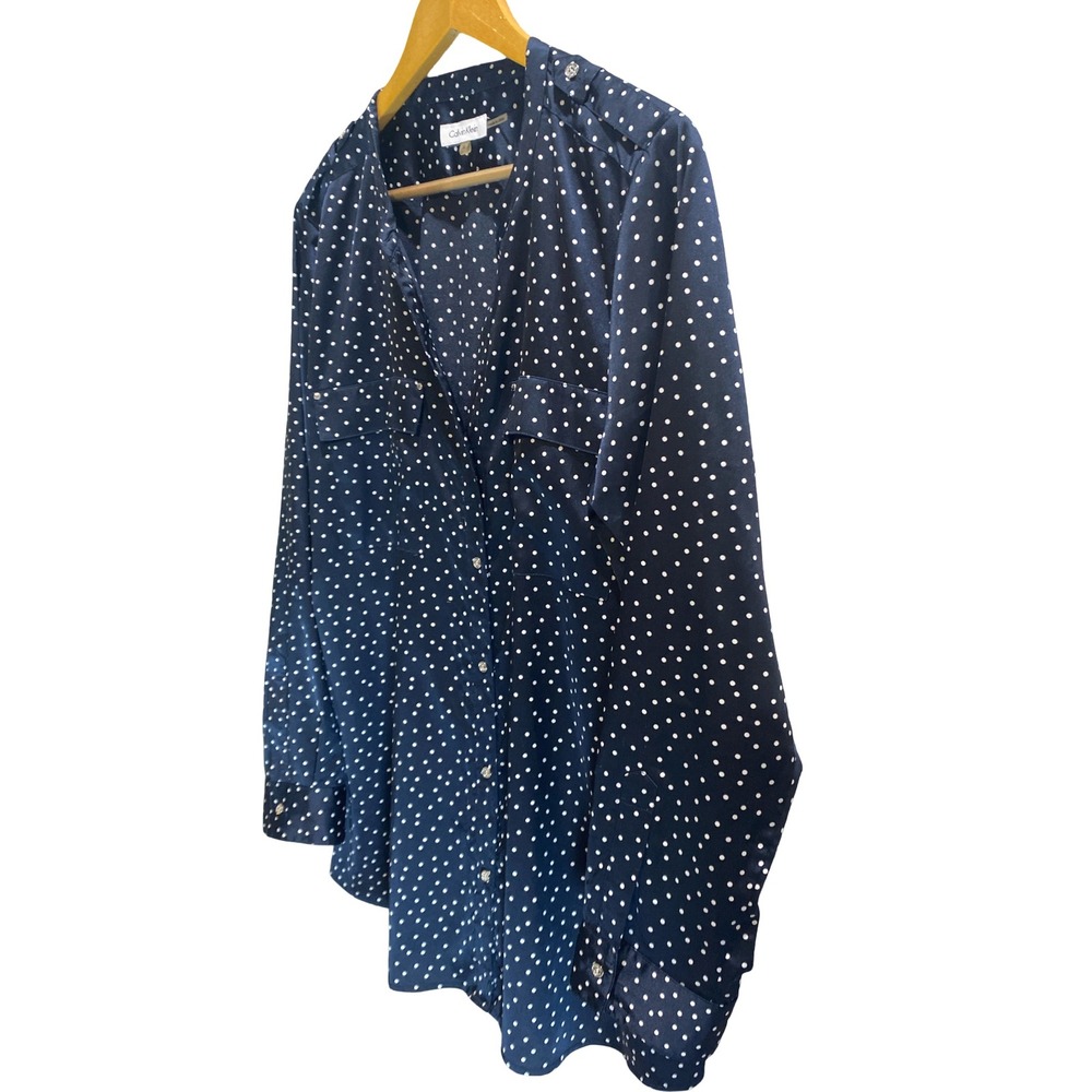 Calvin Klein Blouse XL Navy Polka Dot  Women's Classic Silky Stretch Top Office‎ - Picture 5 of 13